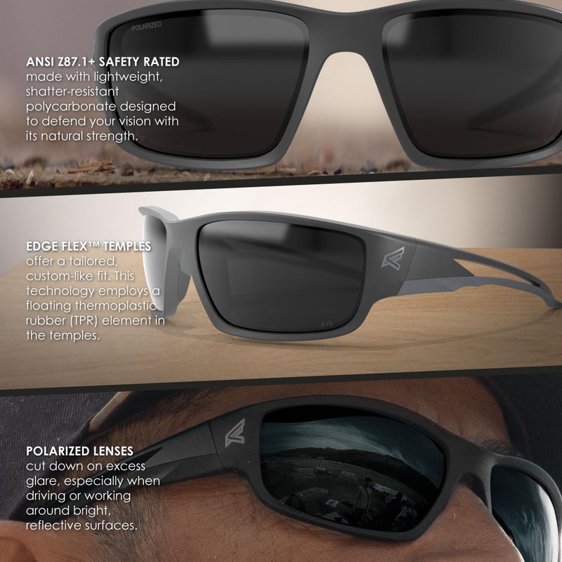 Edge TSK236VS Kazbek Torque Polarized Anti-Fog/Vapor Shield Safety Glasses, Anti-Scratch, Non-Slip, UV 400, Military Grade, ANSI/ISEA & MCEPS, 5.04" W, Matte Black Frame with Red E Logo/Smoke Lens - Image 5